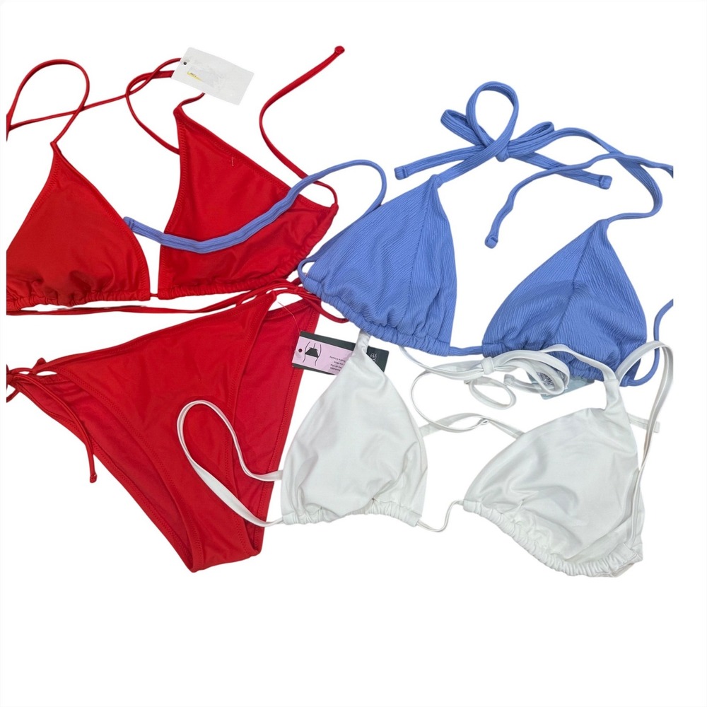 Wild Fable Bikini Lot 4 Pc 3 Tops XL + Bottom Size 8-10 Red White Blue NWT